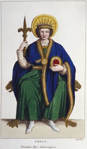 Portrait de Pépin le Bref (v. 714 - 768), roi des Francs, premier Carolingien. Gravure de 1830