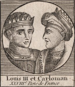 Portraits de Louis III (863/65-882) roi des Francs entre 879 et 882 et Carloman II (866-884), roi des Francs de 879 à 884 - Louis III roi de Francie occidentale et Carloman II, roi de Francie occidentale - gravure de « Instruction sur l