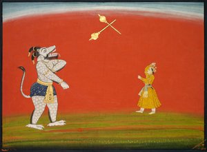Pradyumna et Samvara se battent avec des masses : Feuille du "Grand Basohli Bhagavata Purana" - Unknown artist