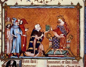 Présentation du livre : Jean de Joinville (1224-1317) offre son livre à Louis roi de Navarre futur Louis X le Hutin. Miniature dans « Vie de Saint Louis »