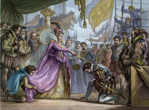 La reine Élisabeth I (1530-1603) adoubant Francis Drake (1540-96) - Adoucissement par Francis Drake (1540-1596)