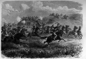 Cavaliers peaux-rouges attaquant une diligence dans la prairie. Gravure dans « Le Journal de la Jeunesse ».
