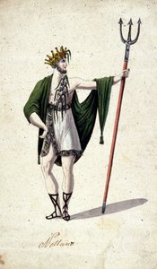 Représentation du dieu romain Neptune tenant un trident (identifié au Poséidon grec). Aquarelle du 18ème siècle