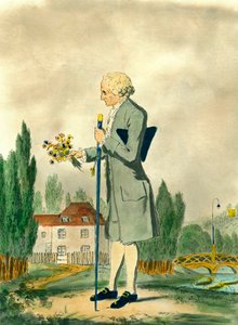 Représentation du philosophe suisse Jean-Jacques Rousseau (1712-1778) cueillant des fleurs à Ermenonville. Gravure du XVIIIe siècle. Collection privée