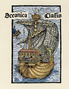 Représentation de la caravelle Santa Maria par Christophe Colomb (1451-1506). Gravure de « De insulis in mare Indico super inventis », Bâle 1493-1494 (traduction latine du rapport de Colomb au roi d