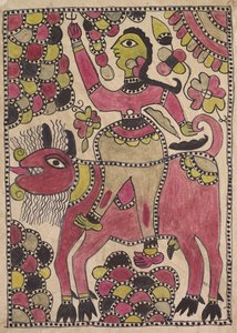 Cavalier et créature bovine à quatre pattes dans une palette mauve, chartreuse et noire - Unknown artist