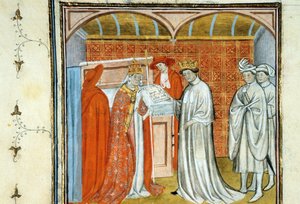 Robert II le Pieux (ca. 972-1031) - Enluminure de manuscrit sur vélin du Moyen Âge « Grandes Chroniques de Saint-Denis » fin du 14e siècle (ref. 512) - Unknown artist