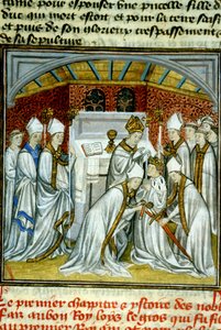 Sacre de Louis VI (1108) - Illumination de manuscrit sur vélin des Grandes Chroniques de Saint-Denis, fin du 14ème siècle