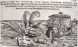 Des marins jettent des tonneaux à la mer pour distraire les monstres en poursuite. Gravure dans « Historia Animalium » de Conrad Gesner - Unknown artist