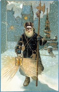Père Noël dans la nuit avec une lanterne. Carte postale du XIXe siècle.