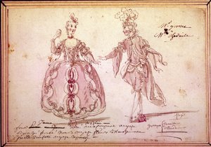 Scénographie : dessin de costumes pour la pastorale « Naïs » par Jean-Philippe Rameau (1683-1764) 1764. Aquarelle.