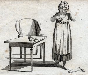 Écolière cherchant à faire ses devoirs. Gravure fin XVIIIe siècle. Collection privée.