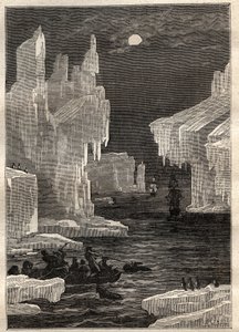 Deuxième voyage (1772-1775) du capitaine James Cook (1728-1779) : les îles de glace (iceberg), traversées sur le chemin du cap de la circoncision (île Bouvet, Antarctique) - illustration tirée de "Les grands marins du XVIIIe siècle"