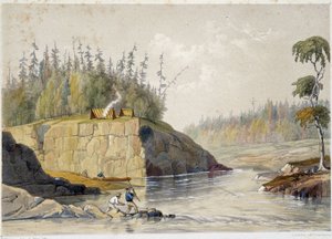 Colons au Canada pêchant dans une rivière - dans "Sketches on the nipisaguit a river of New Brunswick in America" de William Hickman, éd. Halifax - Unknown artist