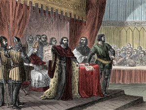 Signature de « la Grande Charte » par le roi Jean Sans Terre (1167-1216) (« Magna Carta ») à Runnymede le 15 juin 1215