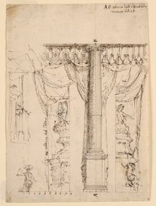 Esquisse pour trois ailes latérales avec une partie du cadre du proscenium