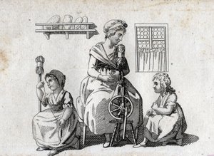 Filage : mère et ses filles filant la laine. La femme utilise un rouet et sa fille utilise une quenouille. Gravure de la fin du XVIIIe siècle. Collection privée. - Unknown artist