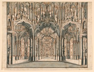 Décor de scène, salle du palais avec arcades