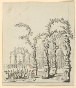 Décor de scène : Architecture de jardin avec fontaine et sculptures