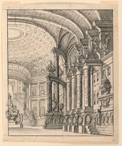 Décor de scène : Hall avec plafond à caissons et urnes
