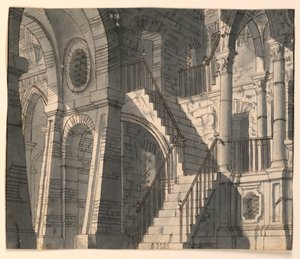 Décor de scène, intérieur en pierre avec escalier - Unknown artist