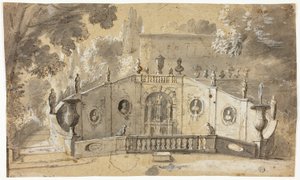 Escalier et fontaine (recto); Nu masculin assis de profil à gauche, regardant vers le haut (verso) - Unknown artist