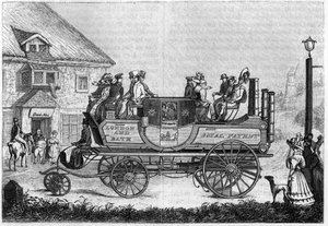 Voiture à vapeur de Gurney expérimentée à Londres en 1827.