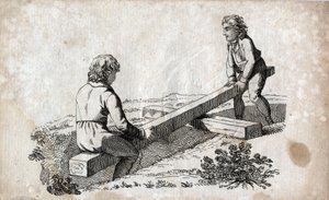 Balançoire : deux enfants sur une bascule. Gravure de la fin du XVIIIe siècle. Collection privée.