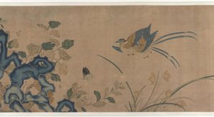 Tapisserie de fleurs, un rocher, des oiseaux et des papillons