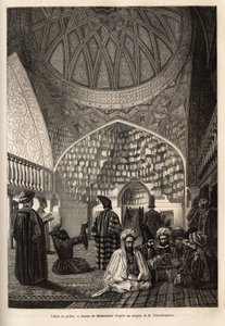 Tatars en prière, dans la mosquée de Schusha (Transcaucasie, Russie). Gravure pour illustrer le voyage dans les provinces du Caucase, par Basile Vereschaguine, en 1864-1865, publié dans « le tour du monde », sous la direction d