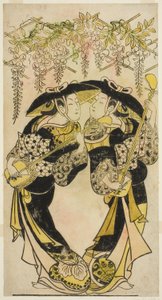 Les acteurs Sanjo Kantaro (à droite) et Fujimura Handayu (à gauche) en musiciens jouant sous une glycine. - Unknown artist