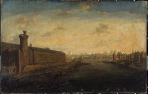 La Grande Galerie du Louvre, avec la Porte Neuve, Pont-Neuf, Cité, Tour de Nesle et Quai Malaquais, vers 1640, actuels 1er et 6e arrondissements