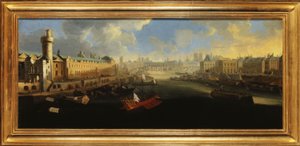 La Grande Galerie du Louvre, avec la Porte Neuve, le Pont-Neuf, la Cité, le Collège des Quatre-Nations en construction et le Quai Malaquais, vers 1665, entre 1665 et 1670