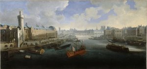 La Grande Galerie du Louvre, avec la Porte Neuve, le Pont-Neuf, la Cité, le Collège des Quatre-Nations en construction et le Quai Malaquais, vers 1665. Sur la Seine, la galère royale, entre 1660 et 1670