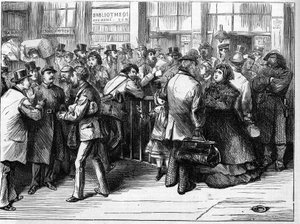 La Commune de Paris en 1871. Vérification des passeports par les fédérés des personnes quittant Paris par les chemins de fer du nord.