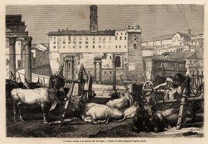 Le forum romain a la location de fourrage, les bœufs se couchent au milieu des charrettes et des ruines antiques. Gravure pour illustrer le voyage à Rome, par Francis Wey, en 1864-1868, publié dans « Le tour du monde » 1869, édité par Edouard Charton, édit - Unknown artist