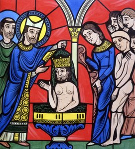 Le baptême du Christ. Collège semblable à un vitrail de la Cathédrale du Mans. Tracé du 19e siècle.