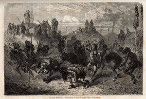 La danse du bison exécutée par les guerriers des Indiens Mandans (ou noumah ka kie : faisans) sur la rive gauche du Missouri. Gravure pour illustrer une excursion parmi les tribus indiennes des bassins de la Colombie et du Haut-Missouri, par G. Catlin, 185
