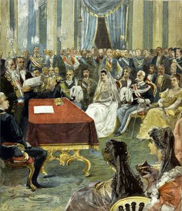 Le mariage civil du Prince de Naples - devenu Victor Emmanuel III - avec la princesse Hélène de Monténégro au Palais du Quirinal en 1896. Au centre, on peut voir Humbert Ier à gauche de la mariée - Unknown artist