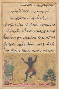 Le bouffon de la cour rencontre un Zangi dansant de joie, et apprend de lui que la cause de son bonheur est son rendez-vous avec une femme qui est la propre femme du bouffon, de Tuti-nama (Contes d