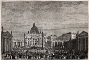 La foule se précipite sur la place Saint-Pierre au Vatican pour recevoir la grande bénédiction de Pâques par le pape Pie IX (1792-1878). Gravure pour illustrer le récit de la Semaine Sainte à Rome, en 1863, par Ludovic Celler, dans « Le tour du monde, nouv