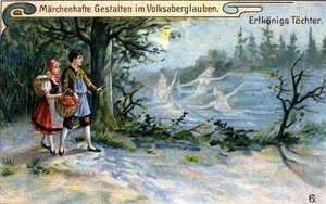 Les filles du roi des elfes. Personnage merveilleux de la mythologie allemande. Chromolithographie du XIXe siècle.