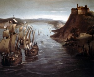 Le départ de Christophe Colomb de Palos. Chromolithographie du XIXe siècle - Unknown artist