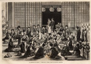 La salle à manger du théâtre de Yokohama est en permanence remplie, même pendant la représentation. Gravure pour illustrer le voyage au Japon, par Aimé Humbert, ministre de la Confédération suisse, en 1863-1864, publié dans "Le tour du monde", sous la dire