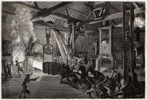Le marteau-pilon à la forge des grandes œuvres; la pièce énorme à forger sort du four éblouissant les hommes qui manœuvrent pour la placer sous le marteau. Gravure pour illustrer un voyage au Creusot et aux mines de Saône-et-Loire, en 1865, par L. Simonin - Unknown artist