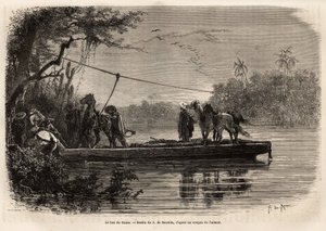Le ferry pour traverser la rivière Cauca. Gravure pour illustrer le voyage en Nouvelle-Grenade, par le Dr Saffray, en 1869, publié dans « Le tour du monde » 1873, édité par Édouard Charton, édition Hachette, Paris. Collection Selva