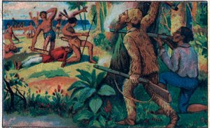 Le combat avec les sauvages. Illustration pour le livre de Daniel Defoe Robinson Crusoé. Chromolithographie de la fin du XIXe siècle. - Unknown artist