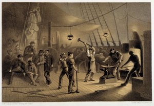 La forge sur le pont. Nuit du 9 août préparant le revêtement en fer pour le cabestan - dans « Le télégraphe atlantique » par W. H. Russel, ca. 1860