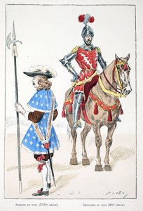 Le sergent de guet au XVIIe siècle et le chevalier au XVe siècle. Eau-forte en couleurs pour illustrer "Histoire du corps des gardiens de la paix"