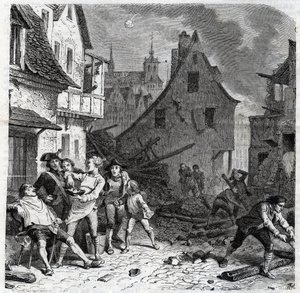 Le plat à barbe de Lille. Un épisode du siège de Lille en 1792 pendant les guerres révolutionnaires françaises - Le siège de Lille en octobre 1792 - Révolution française - Bombardement par les Autrichiens et les Prussiens - Le barbier utilise une demi-bomb